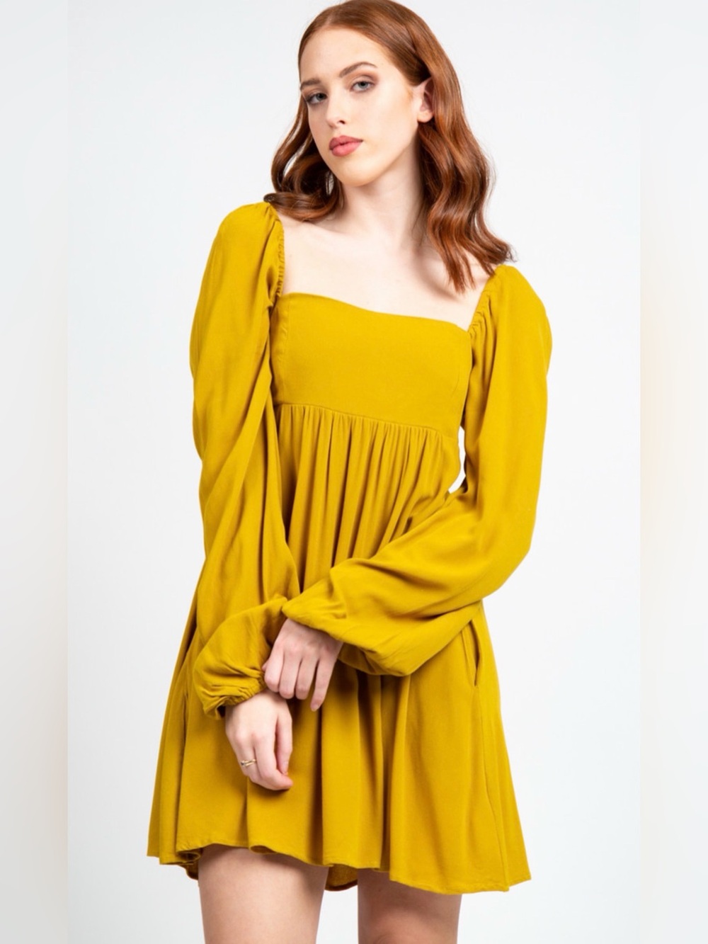 Jackson Rowe Ochre Square-Neck Long Sleeve Mini Dress